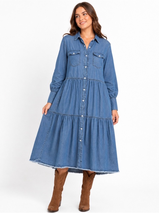 Blakely Dresses & Skirts - Blakeley Jessie Tiered Chambray Long Sleeve Midi Dress Boho Western Size 1X